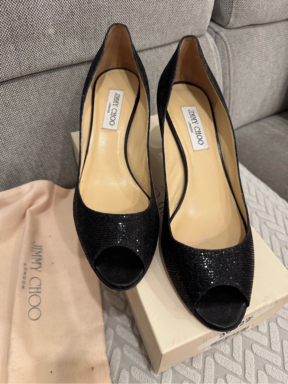 Jimmy Choo black Isabel Glitter peep toe heels size 41 1/2